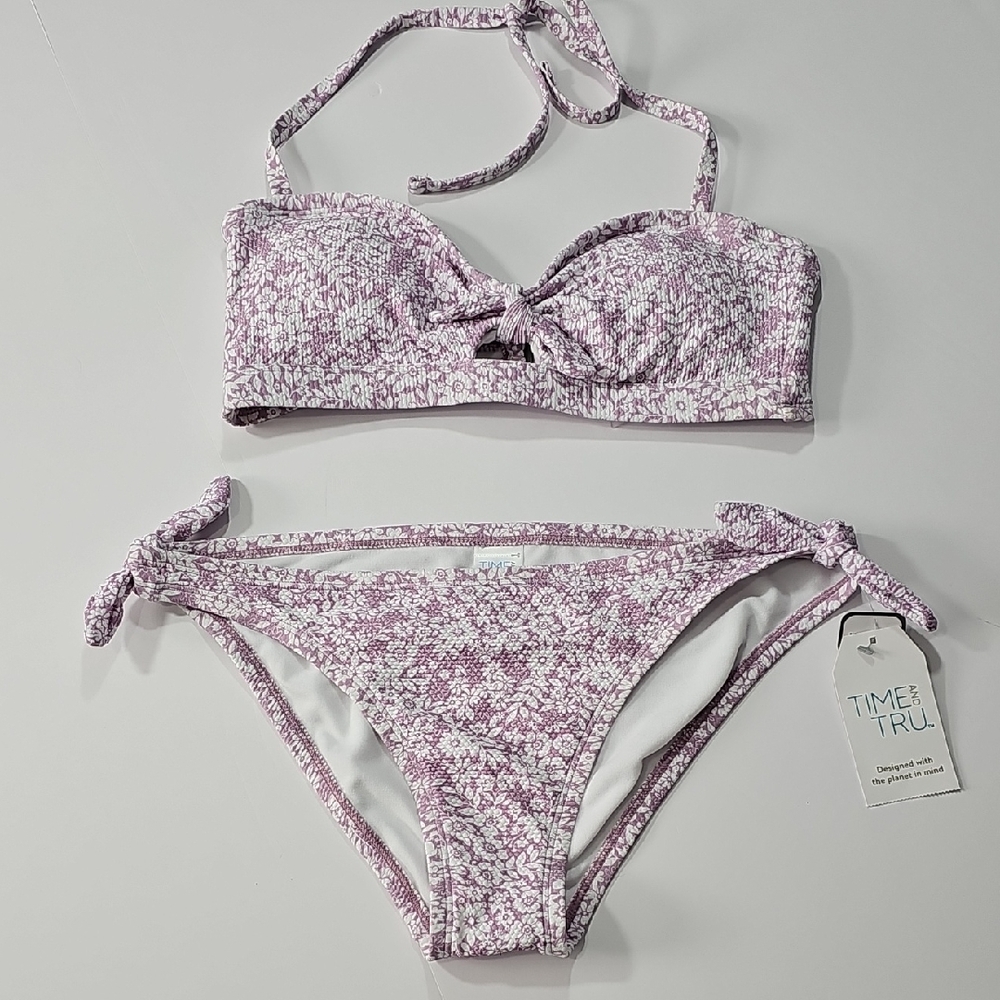 Time and Tru Purple Lilac Flower 2 Piece Bathing Suit Bikini  Size M 8-10